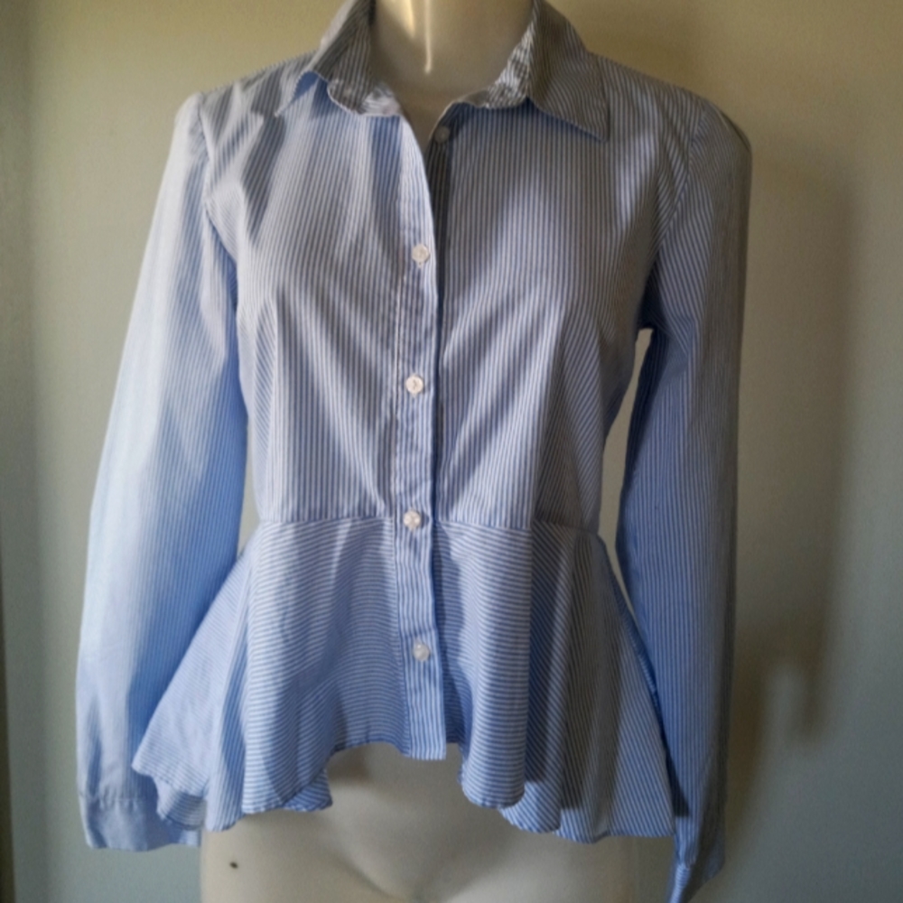 FOREVER 21 Blue White Striped Peplum High Low Button Down Blouse S EUC